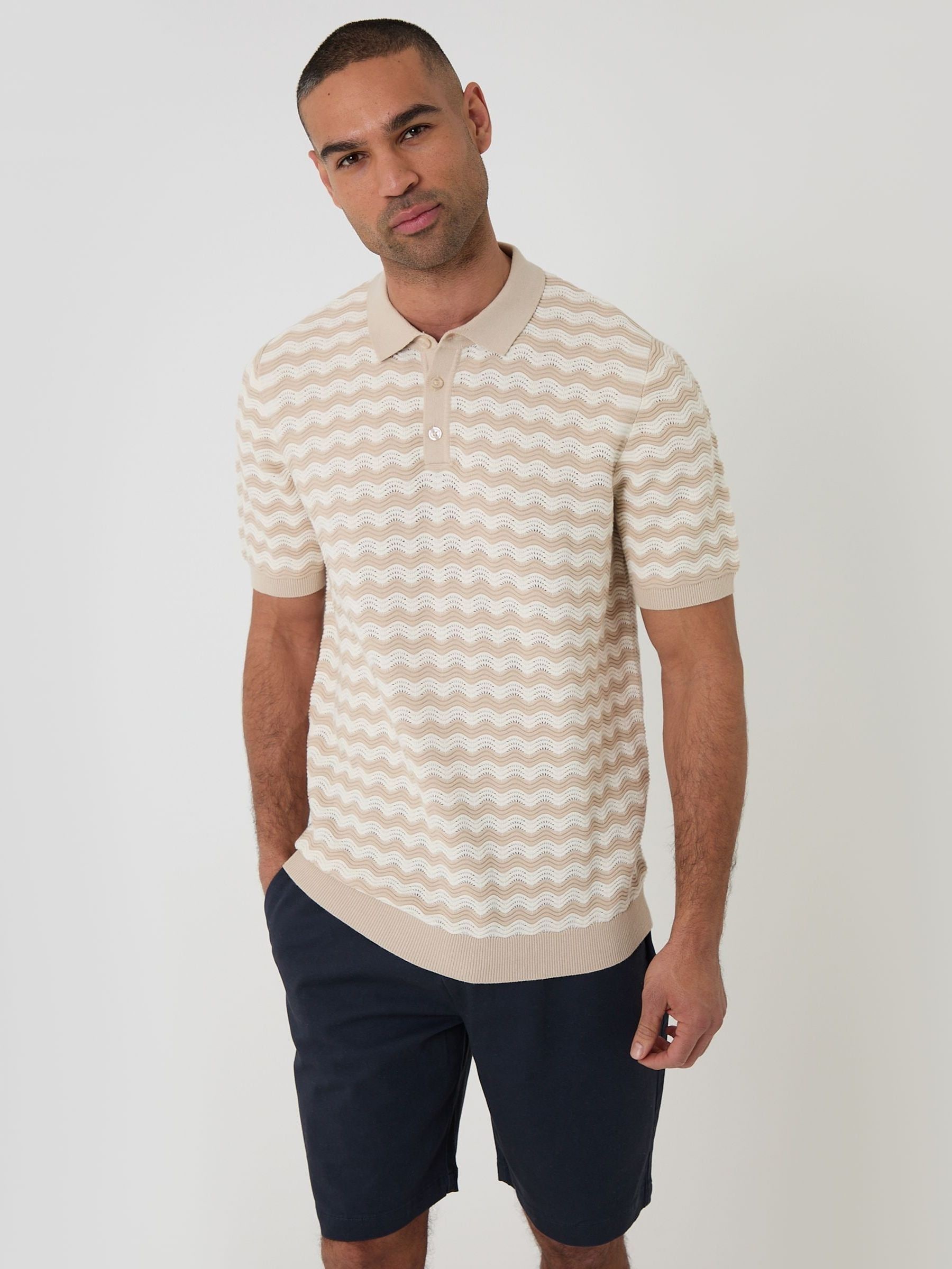 Buy Threadbare Natural Wavy Stripe Textured Knitted Polo Shirt