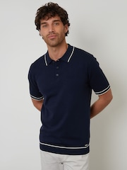 Threadbare Blue Knitted Short Sleeve Polo Shirt - Image 1 of 4