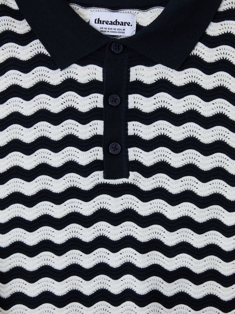 Azul - Threadbare Wavy Stripe Textured Knitted Polo Shirt - Imagen 5 de 5