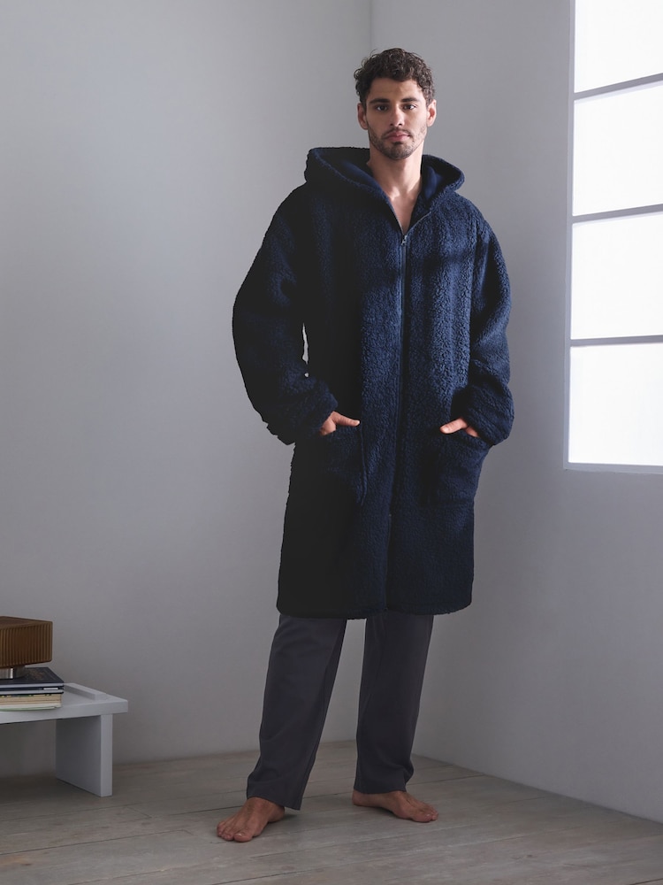 Navy Blue Zip Through Borg Dressing Gown - Image 1 of 8