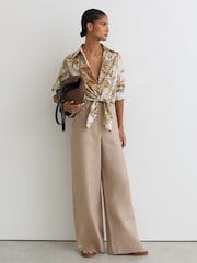 Reiss Neutral Cece Cotton Safari-Print Tie-Front Shirt - Image 1 of 6