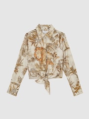Reiss Neutral Cece Cotton Safari-Print Tie-Front Shirt - Image 2 of 6