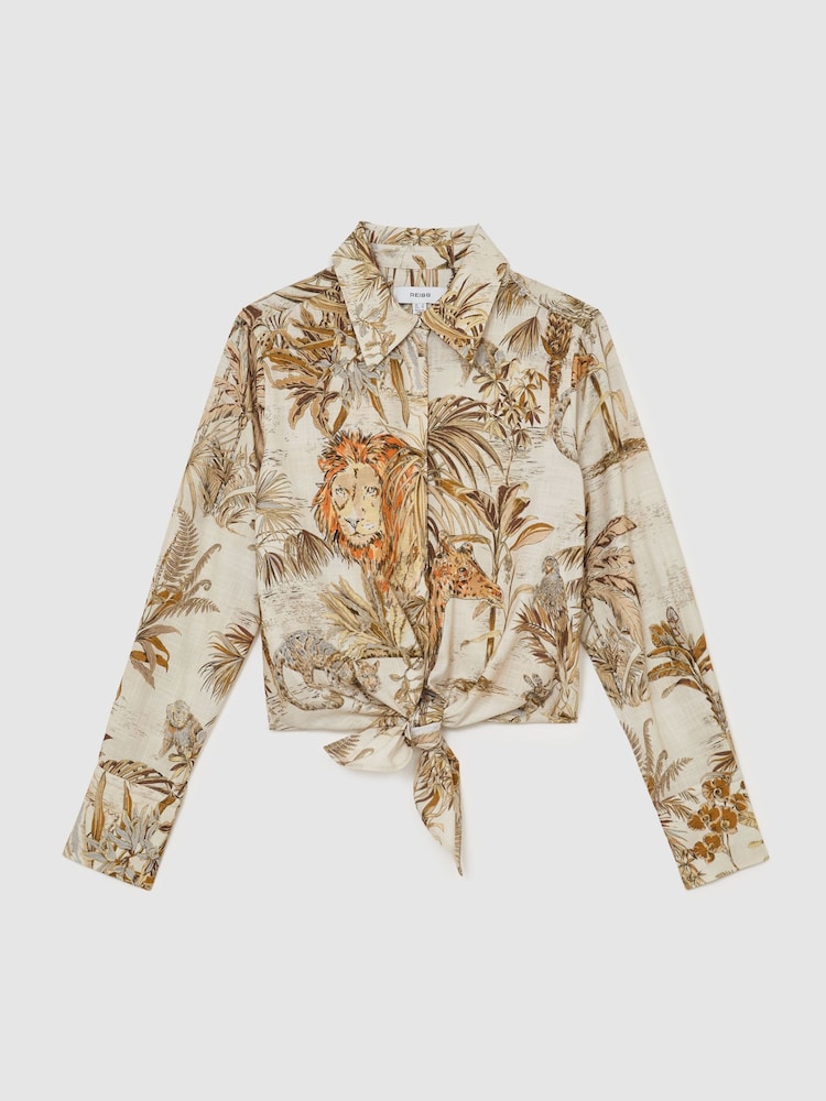 Reiss Neutral Cece Cotton Safari-Print Tie-Front Shirt - Image 2 of 6 Reiss Neutral Cece Cotton Safari-Print Tie-Front Shirt - Image 2 of 6