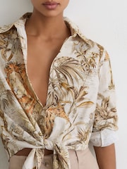 Reiss Neutral Cece Cotton Safari-Print Tie-Front Shirt - Image 4 of 6