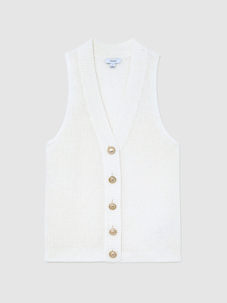 Reiss White Robin Linen Button-Through Knitted Waistcoat - Image 2 of 7