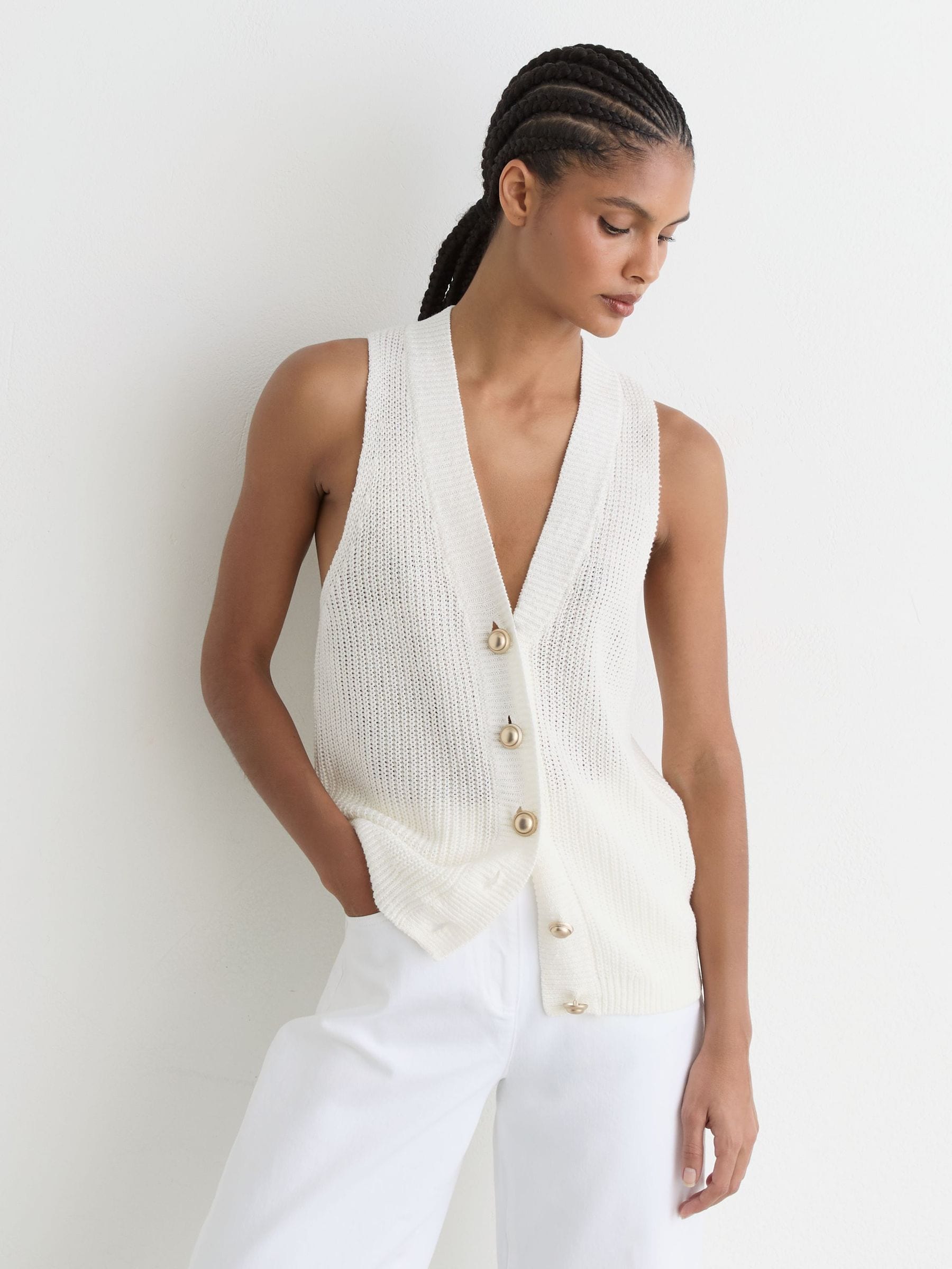 Buy Reiss White Robin Linen Button-Through Knitted Waistcoat from
