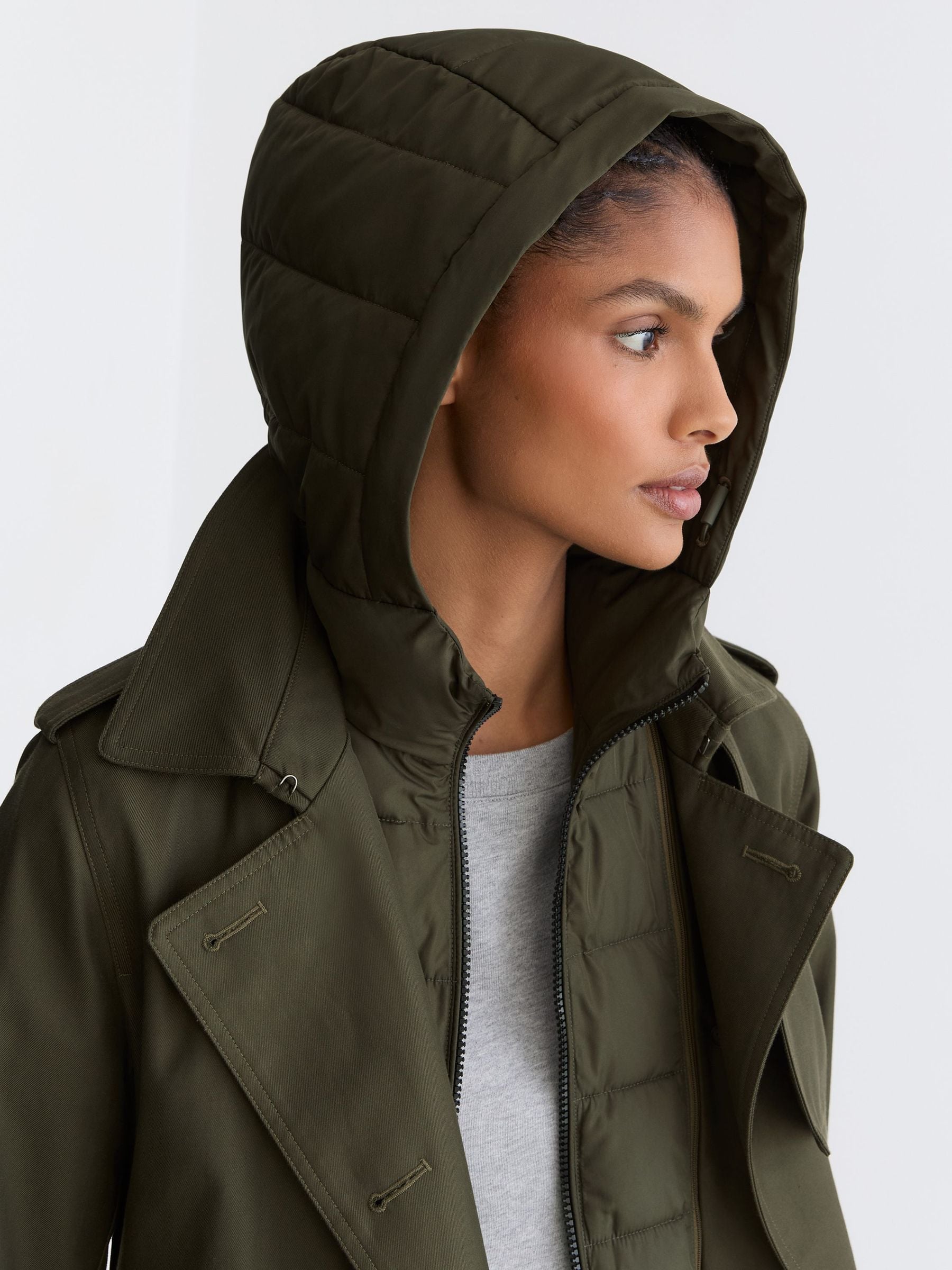 Buy Reiss Khaki Green Azura Petite Hooded Insert Trench Coat from