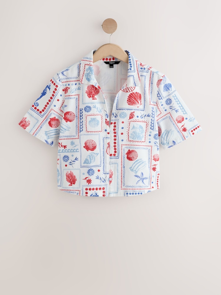 Weiss mit Postkartenmotiv - Kurzärmeliges Denim Resort Hemd - Bild 1 von 3