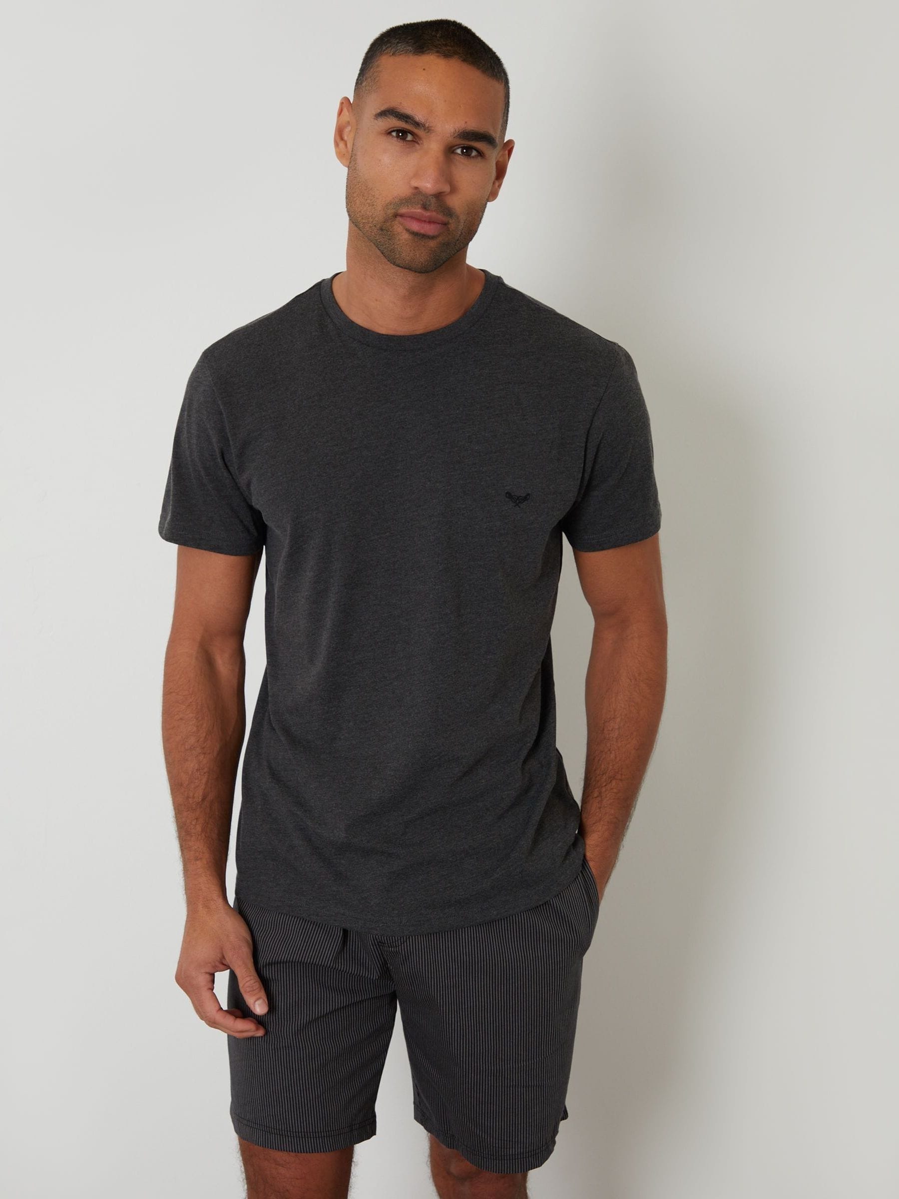 Threadbare Men's Grey T-Shirt & Shorts Pyjama Set In Charcoal Stripe - Image 2