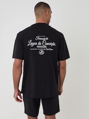 Threadbare Black Relaxed Fit Graphic Top & Shorts Lounge Set - Image 1 of 4