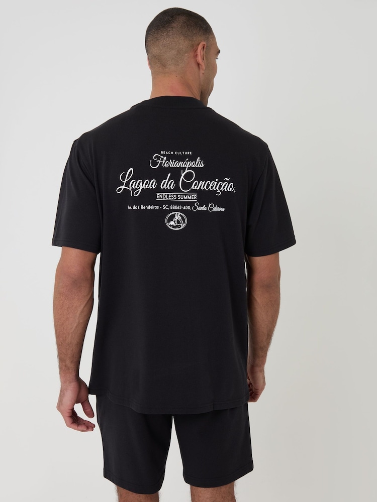 Threadbare Black Relaxed Fit Graphic Top & Shorts Lounge Set - Image 1 of 4