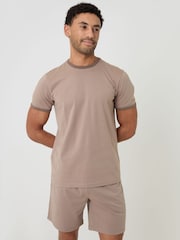 Threadbare Brown Contrast Binding Short Lounge Set - Image 1 of 4