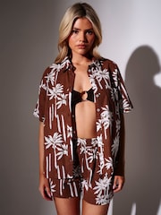 South Beach Brown Palm Tree Printed Short Sleeve Beach Shirt - Image 1 of 4