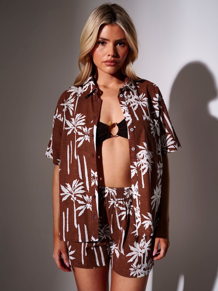 South Beach Brown Palm Tree Printed Short Sleeve Beach Shirt - Image 1 of 4 South Beach Brown Palm Tree Printed Short Sleeve Beach Shirt - Image 1 of 4