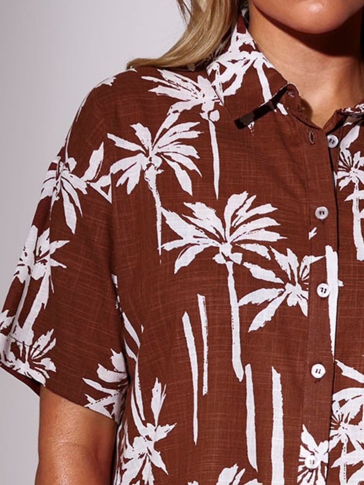 South Beach Brown Palm Tree Printed Short Sleeve Beach Shirt - Image 4 of 4 South Beach Brown Palm Tree Printed Short Sleeve Beach Shirt - Image 4 of 4