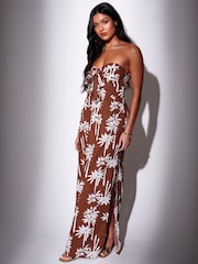 South Beach Brown Palm Tree Printed Bandeau Tie Front Maxi Dress - Image 1 of 4