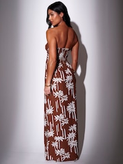South Beach Brown Palm Tree Printed Bandeau Tie Front Maxi Dress - Image 2 of 4