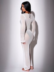 سفید - South Beach Open Knit Crochet Bead Detail Long Sleeve Maxi Kaftan - تصویر 2 از 4