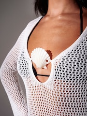 سفید - South Beach Open Knit Crochet Bead Detail Long Sleeve Maxi Kaftan - تصویر 4 از 4