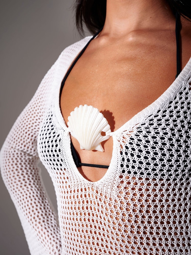 سفید - South Beach Open Knit Crochet Bead Detail Long Sleeve Maxi Kaftan - تصویر 4 از 4