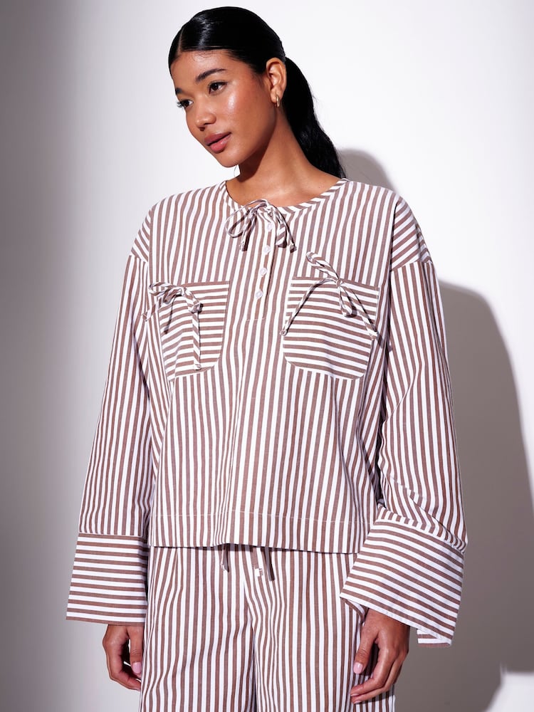 South Beach Brown Stripe Long Sleeve Tie Front Shirt with Pockets - Image 1 of 4 South Beach Brown Stripe Long Sleeve Tie Front Shirt with Pockets - Image 1 of 4