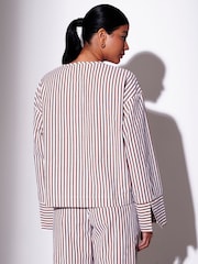 South Beach Brown Stripe Long Sleeve Tie Front Shirt with Pockets - Image 2 of 4