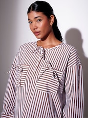 South Beach Brown Stripe Long Sleeve Tie Front Shirt with Pockets - Image 4 of 4