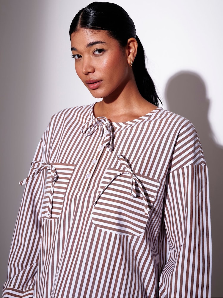 South Beach Brown Stripe Long Sleeve Tie Front Shirt with Pockets - Image 4 of 4 South Beach Brown Stripe Long Sleeve Tie Front Shirt with Pockets - Image 4 of 4