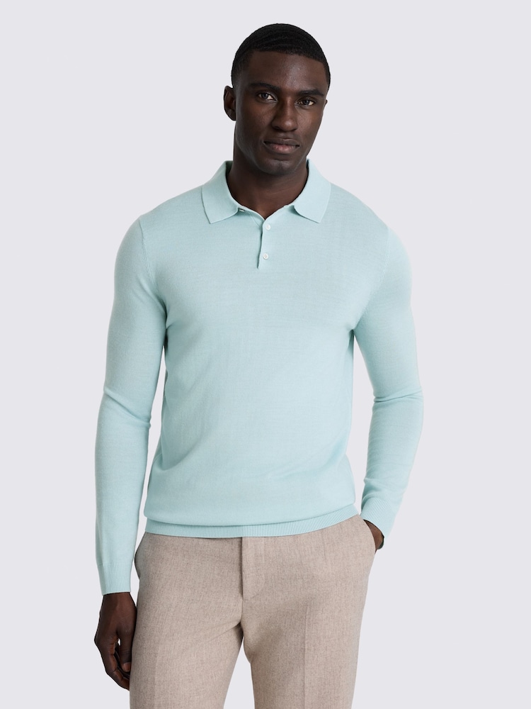 MOSS Blue Merino Polo Shirt - Image 1 of 4 MOSS Blue Merino Polo Shirt - Image 1 of 4