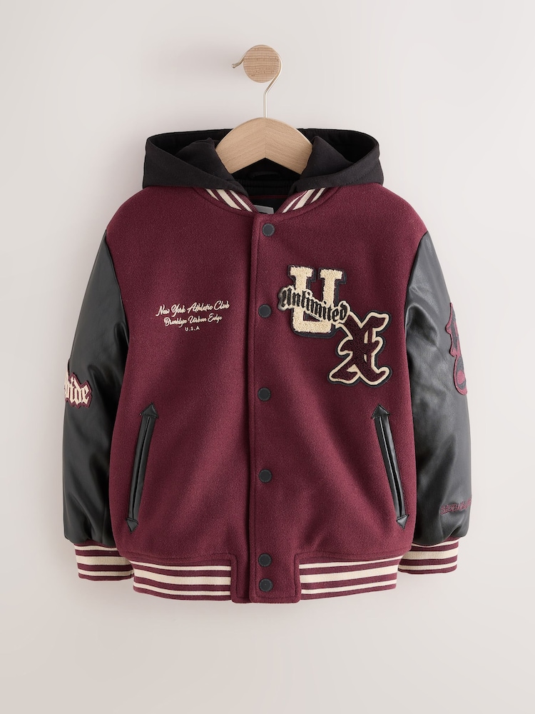 Burgundy Red Varsity Faux Leather Hooded Jacket (6-16yrs) - Image 1 of 5