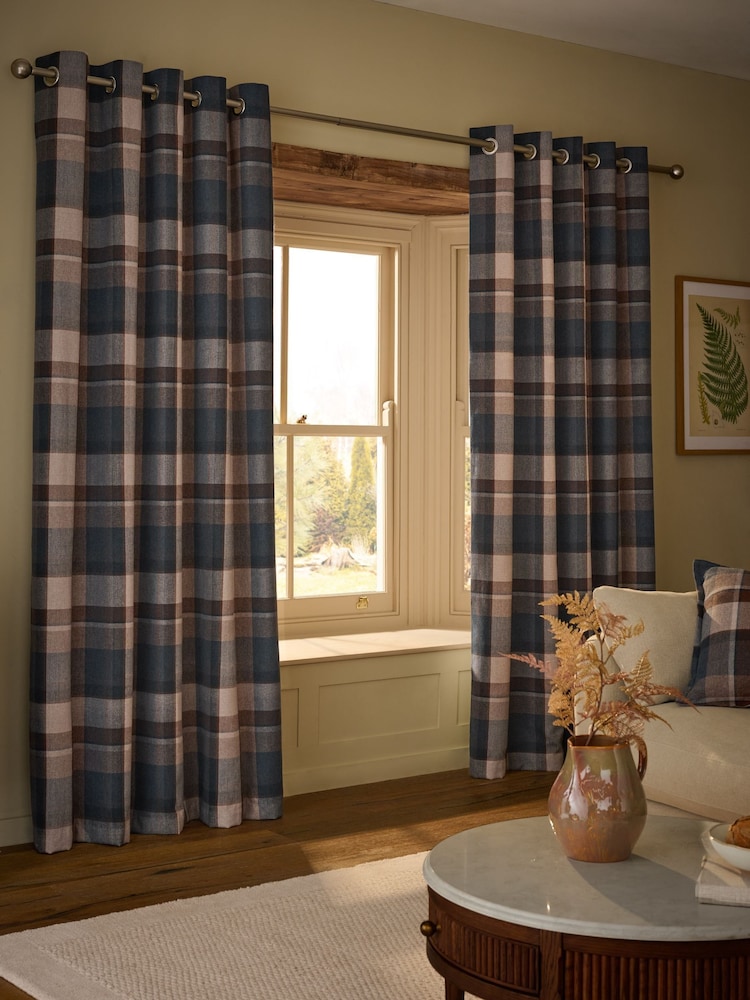 Navy Blue Brushed Check Super Thermal Eyelet Curtains - Image 2 of 6 Navy Blue Brushed Check Super Thermal Eyelet Curtains - Image 2 of 6