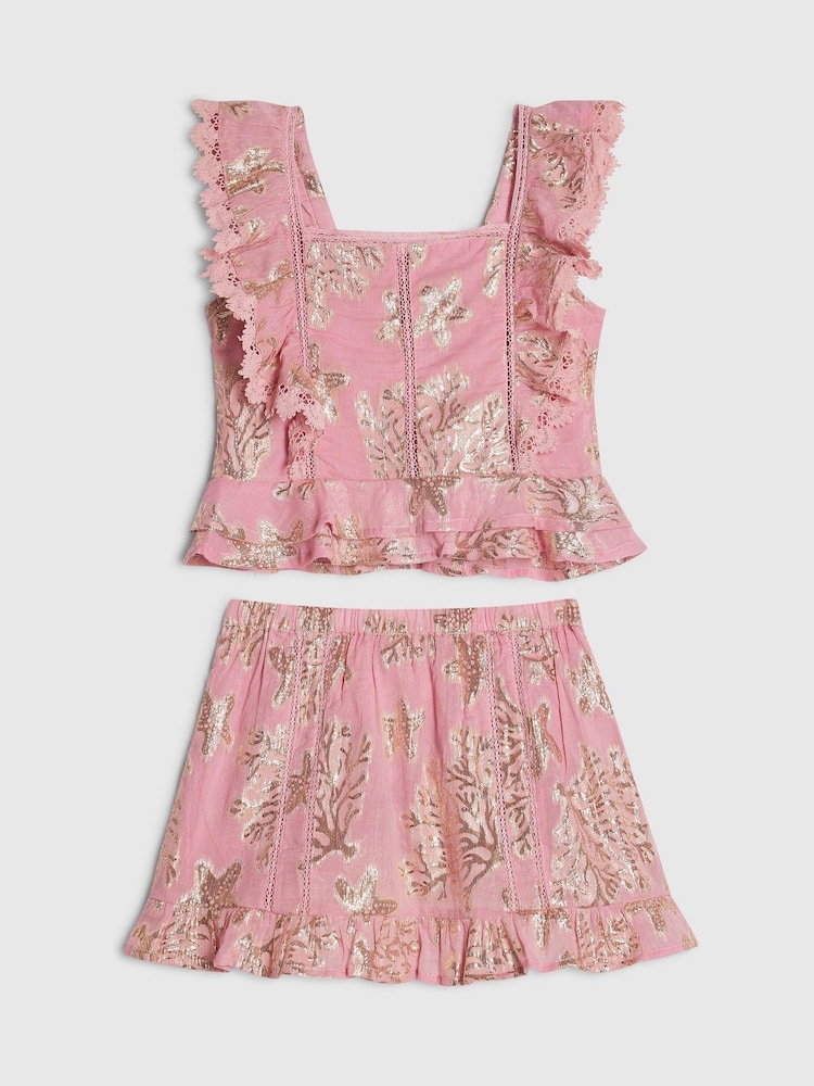 River Island Pink Foil Frill Top & Rara Skirt Set - Image 1 of 4 River Island Pink Foil Frill Top & Rara Skirt Set - Image 1 of 4