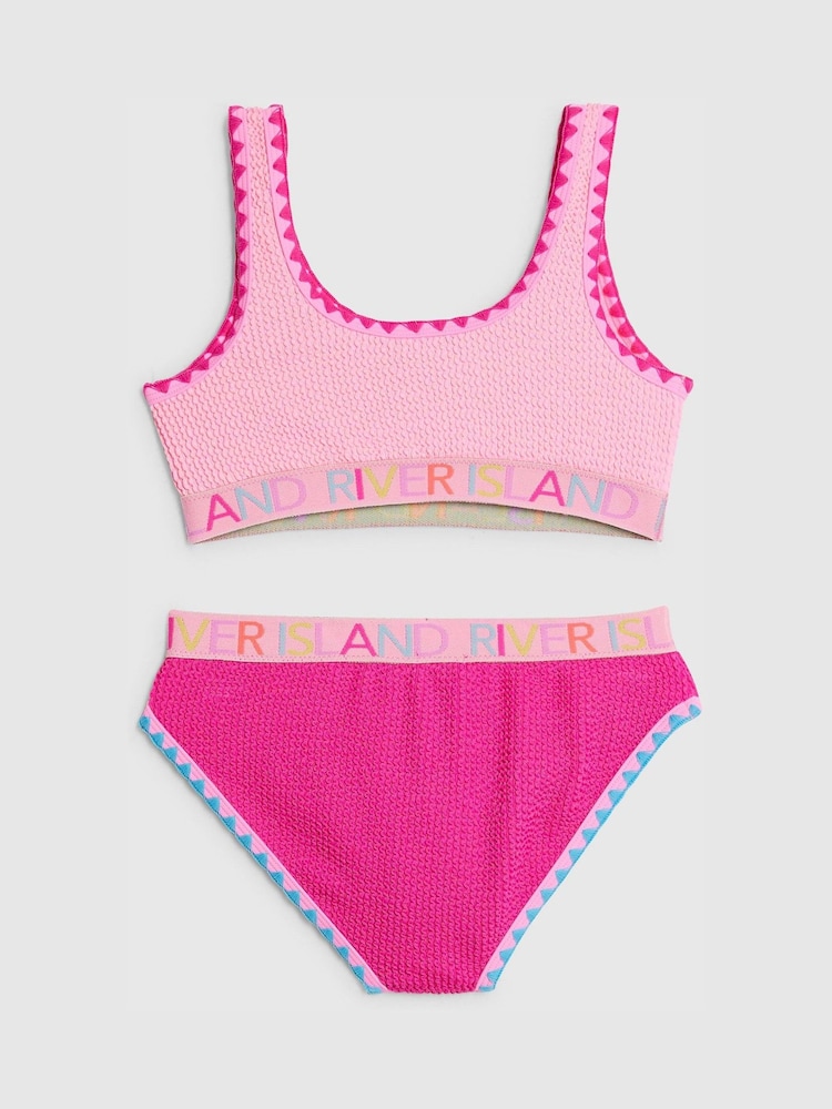 River Island Pink Logo Textured Whipstitch Bikini - Image 2 of 4