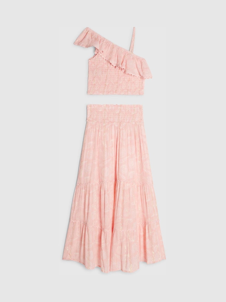 River Island Pink Shell Print Aysmmetric Top & Maxi Skirt Set - Image 1 of 3