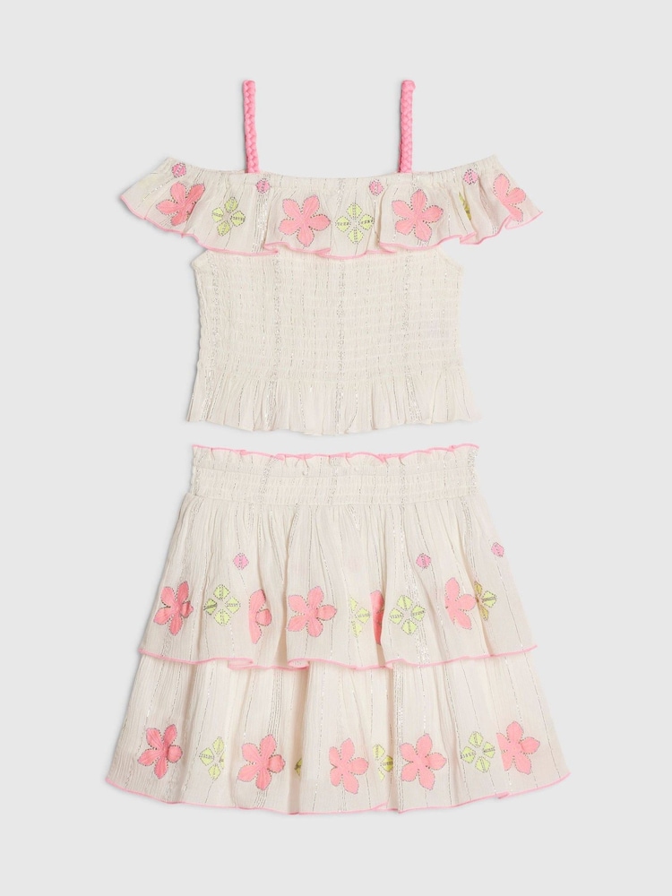 River Island Cream Neon Embrodiered Frill Top & Rara Skirt Set - Image 1 of 4 River Island Cream Neon Embrodiered Frill Top & Rara Skirt Set - Image 1 of 4