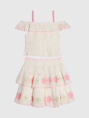 River Island Cream Neon Embrodiered Frill Top & Rara Skirt Set - Image 2 of 4