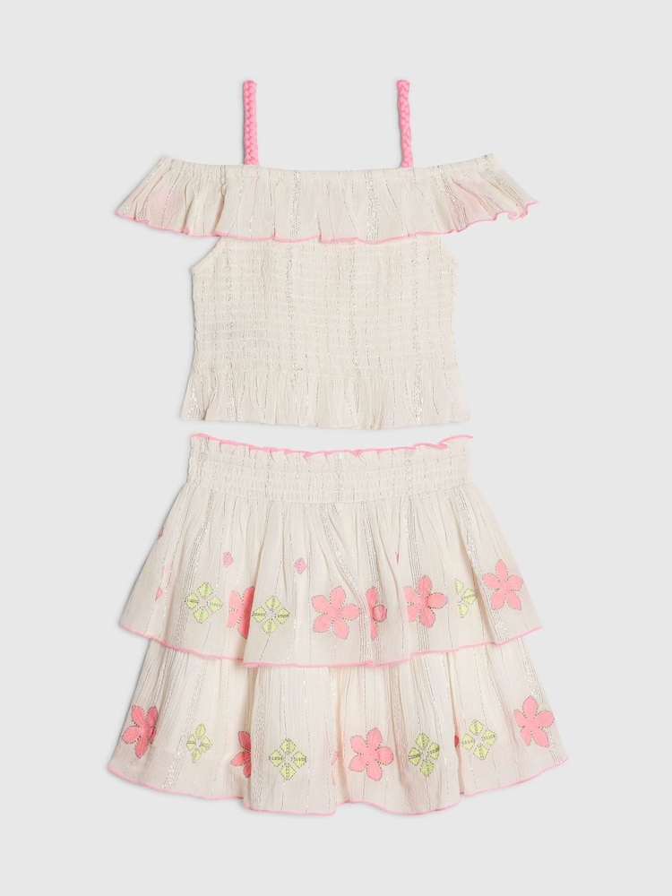 River Island Cream Neon Embrodiered Frill Top & Rara Skirt Set - Image 2 of 4 River Island Cream Neon Embrodiered Frill Top & Rara Skirt Set - Image 2 of 4