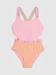 River Island Pink Logo Colourblocked Cut Out Swimsuit - Image 1 of 4