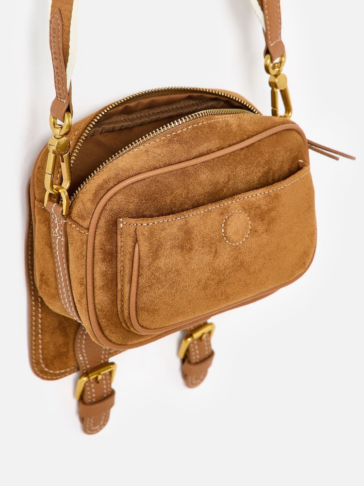 Oliver Bonas Brown Freya Camel Brown Double Buckle Faux Suede Crossbody Bag - Image 2 of 6