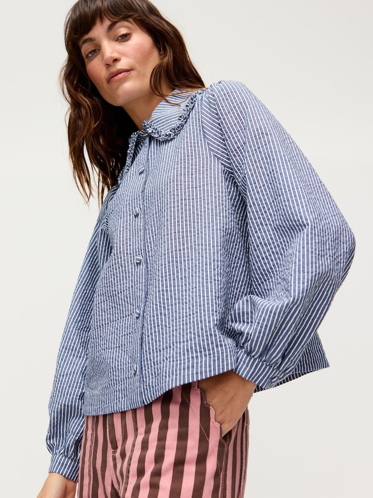 Oliver Bonas Blue Blue & White Striped Collar Shirt - Image 1 of 8