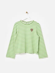 Oliver Bonas Brown Green & White Striped Heart Embroidered Long Sleeve Top - Image 1 of 6