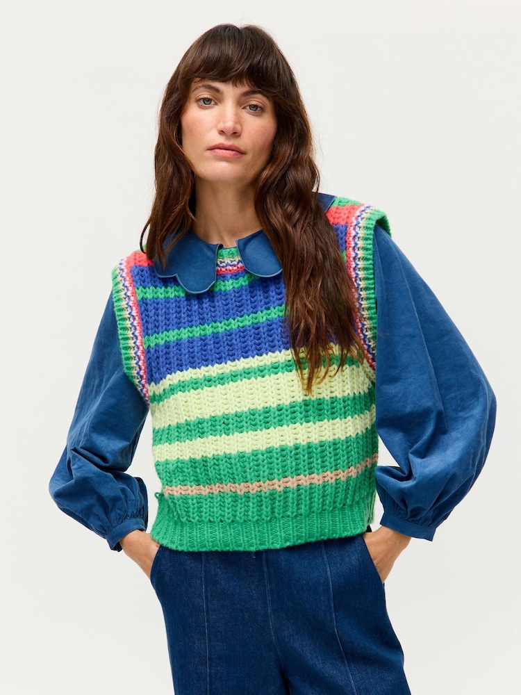 Oliver Bonas Green Blue & Green Striped Chunky Knitted Tank Top - Image 1 of 7