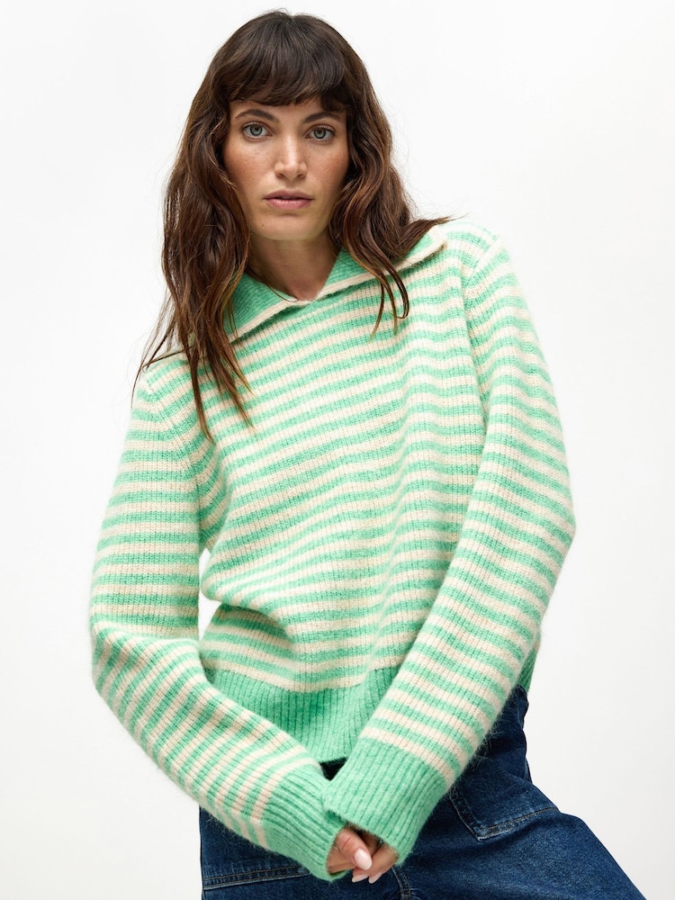 Oliver Bonas Green Green & Cream Striped Collared Knitted Jumper - Image 1 of 7 Oliver Bonas Green Green & Cream Striped Collared Knitted Jumper - Image 1 of 7