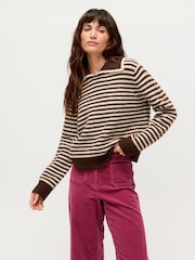 Oliver Bonas Brown Chocolate Brown & Cream Striped Collared Knitted Jumper - Image 1 of 8