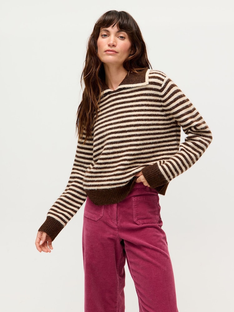 Oliver Bonas Brown Chocolate Brown & Cream Striped Collared Knitted Jumper - Image 1 of 8
