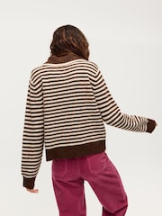 Oliver Bonas Brown Chocolate Brown & Cream Striped Collared Knitted Jumper - Image 2 of 8