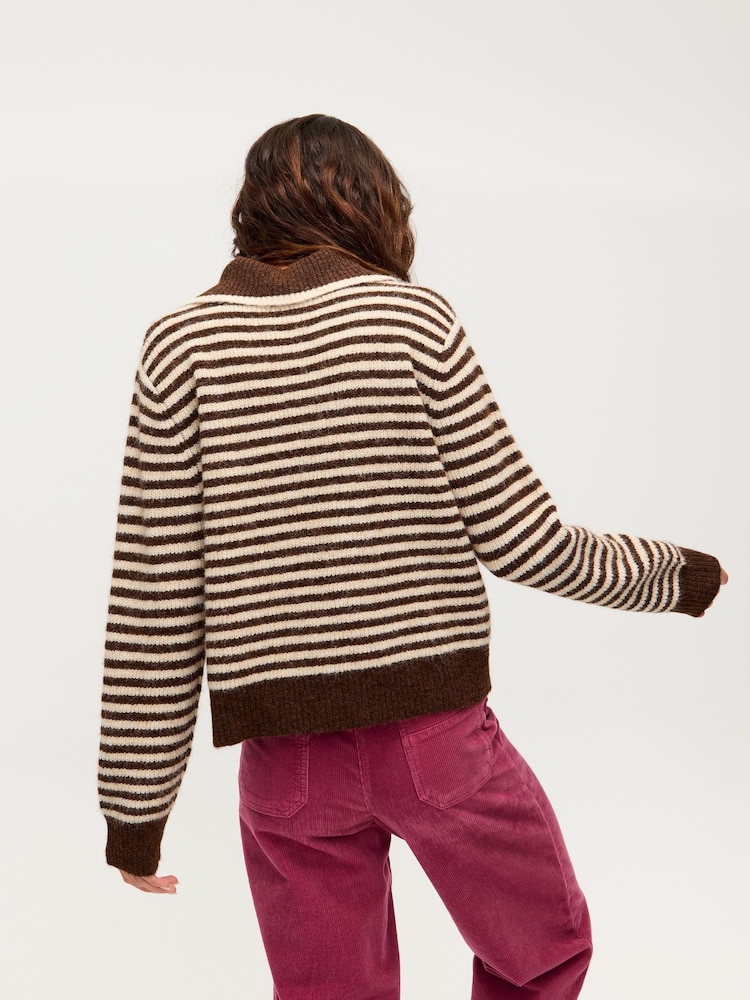 Oliver Bonas Brown Chocolate Brown & Cream Striped Collared Knitted Jumper - Image 2 of 8