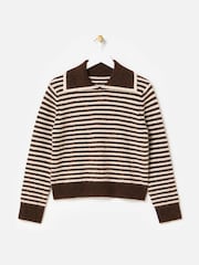 Oliver Bonas Brown Chocolate Brown & Cream Striped Collared Knitted Jumper - Image 3 of 8