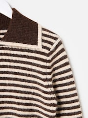 Oliver Bonas Brown Chocolate Brown & Cream Striped Collared Knitted Jumper - Image 7 of 8