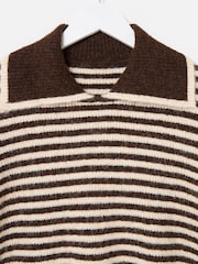 Oliver Bonas Brown Chocolate Brown & Cream Striped Collared Knitted Jumper - Image 8 of 8